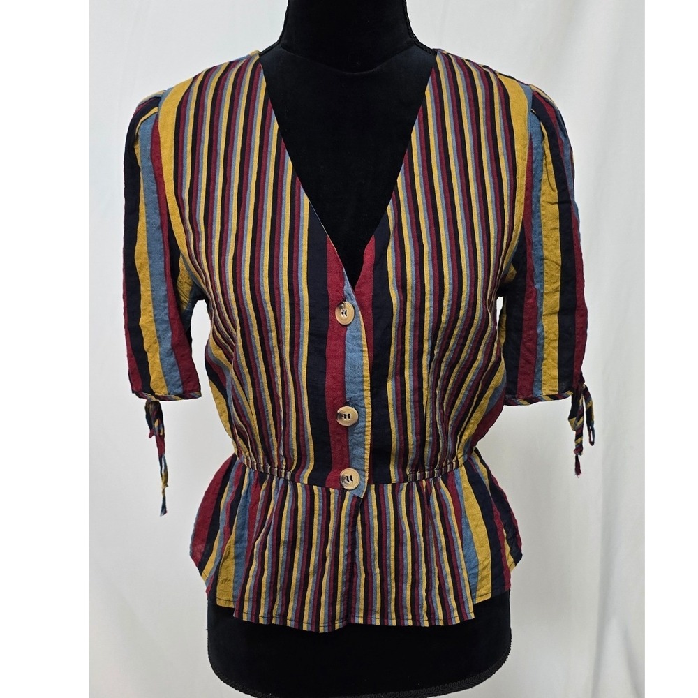 HYFVE women M rainbow blouse button up tied long sleeve cropped boho festival